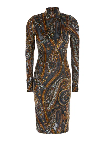 Etro Devorè Dress With Long Sleeves And Round Neckline In Multicolor