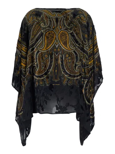 Etro Devoré Tech Fabric Cape With Wide Collar And Long Sleeves For Women In Multicolor