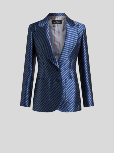 Etro Diagonal Jacquard Jacket In Navy Blue