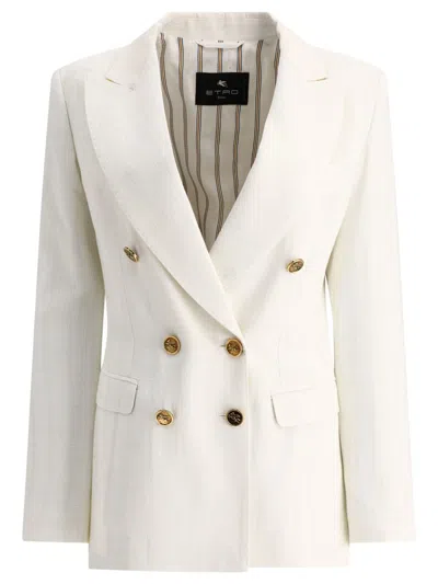 Etro Double-breasted Blazer In Slub Fabric In White