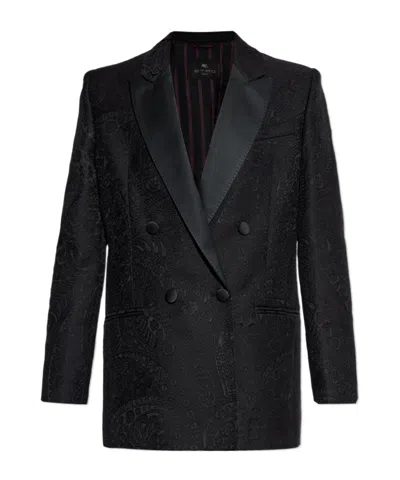 Etro Double Breasted Floral Paisley Motif Blazer In Black