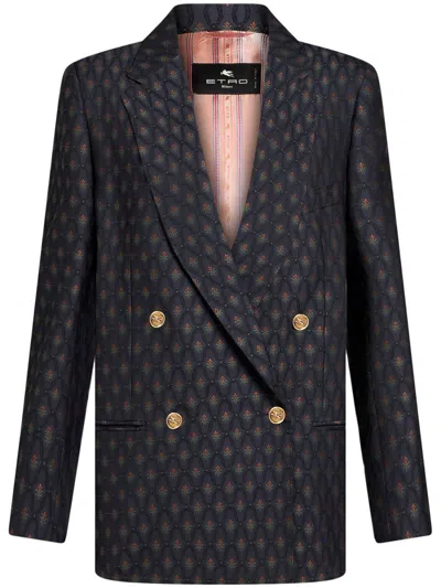 ETRO ETRO DOUBLE-BREASTED GREY BLAZER WITH TEXTURED FABRIC