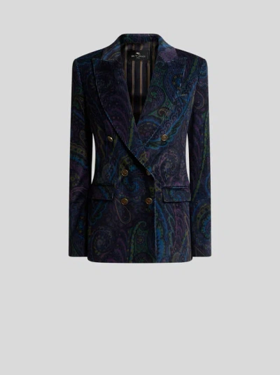 ETRO , DOUBLE-BREASTED JACKET IN PRINTED CORDUROY VELVET, WOMAN, BLUE, SIZE 50