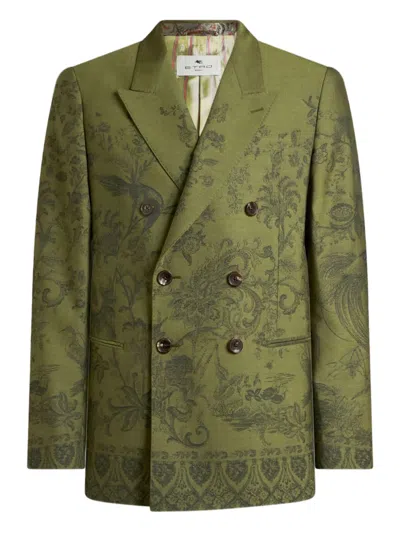 Etro Double-breasted Jacquard Blazer In Green