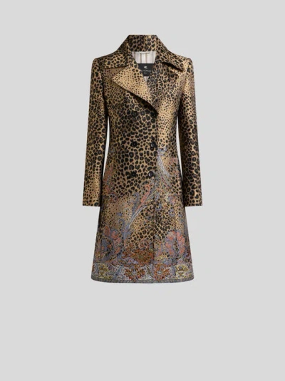 ETRO , DOUBLE-BREASTED JACQUARD COAT WITH PAISLEY AND ANIMAL MOTIF, WOMAN, BROWN, SIZE 46