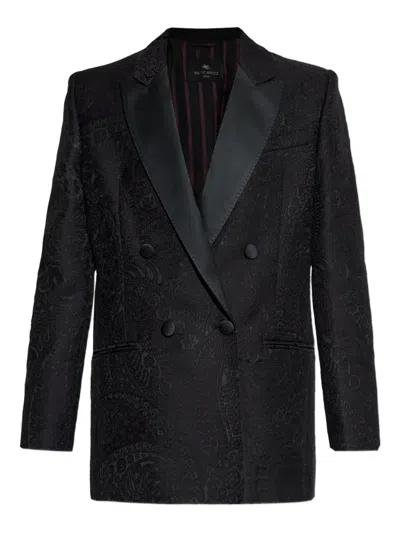 Etro Double-breasted Paisley-pattern Blazer In Black