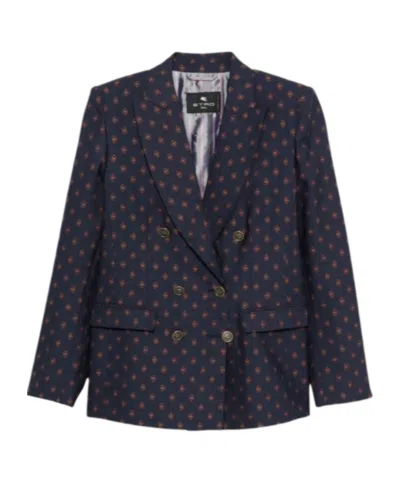Etro Double-breasted Patterned Blazer In Blue