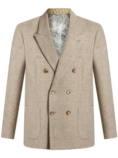 Etro Double Breasted Wool Blazer In Brown