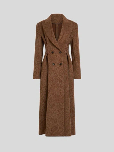 ETRO , DOUBLE-BREASTED WOOL AND CASHMERE COAT, WOMAN, BROWN, SIZE 46