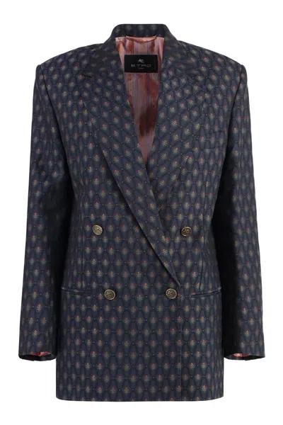 Etro Double-breasted Wool Blazer In Blue