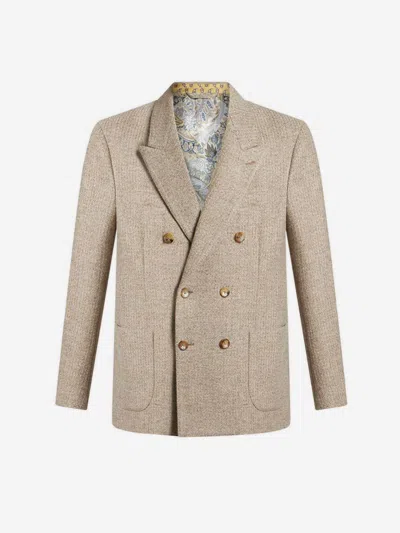 Etro Double Breasted Wool Blazer In Brown