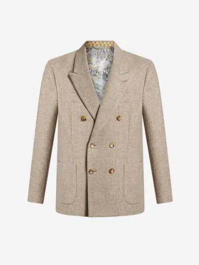 Etro Double Breasted Wool Blazer In Brown