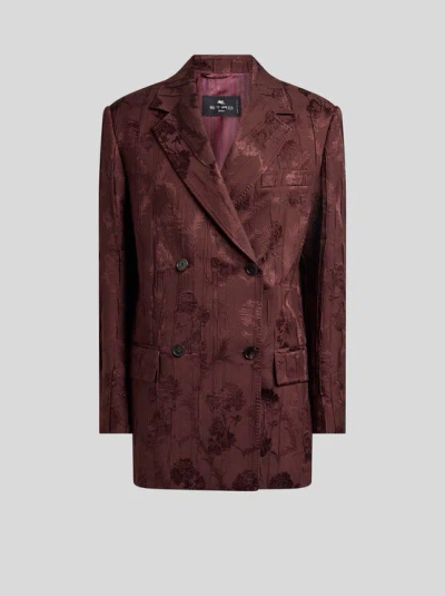 Etro , Double-breasted Wool-blend Bark-effect Jacket, Woman, Burgundy, Size 40 In Gold