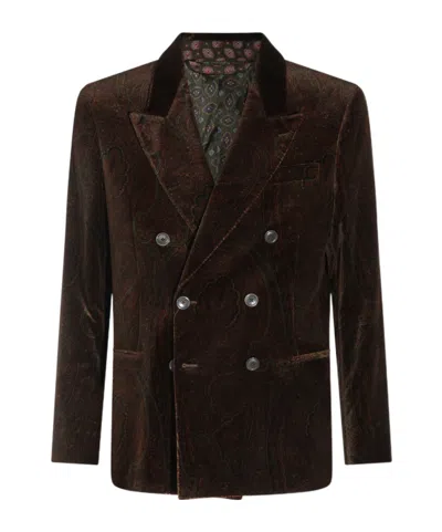 Etro Single-breasted Jacket In Stretch Cotton Velvet With Arnica Motif In Brown