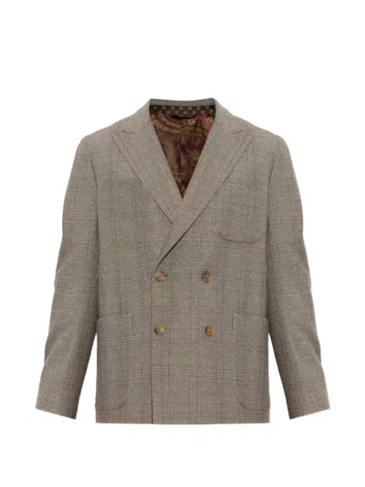 Etro Double-breasted Checked Blazer In Neutral