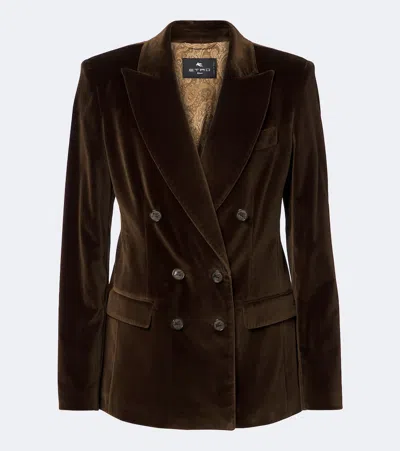Etro Double-breasted Cotton Velvet Blazer In Brown