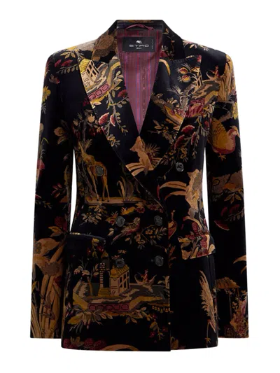 Etro Double-breasted Cotton Velvet Jacket In Black