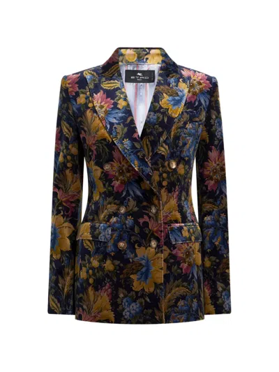 Etro Double-breasted Cotton Velvet Jacket With Floral Overprint In Multi