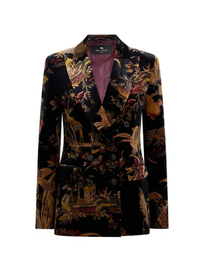 Etro Double-breasted Cotton Velvet Jacket With Flower And Animal Overprint In Brown