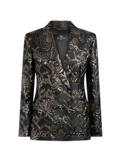 Etro Double-breasted Jacquard Jacket With Damask-motif In Black