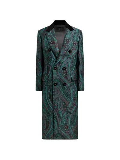 Etro Double-breasted Paisley Jacquard Coat In Purple