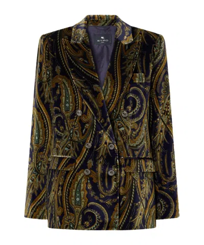 Etro Double-breasted Cotton Velvet Jacket With Floral Overprint In Green