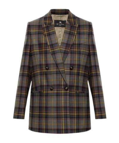 Etro Double-breasted Stretch Wool Jacket With Check Motif In Brown