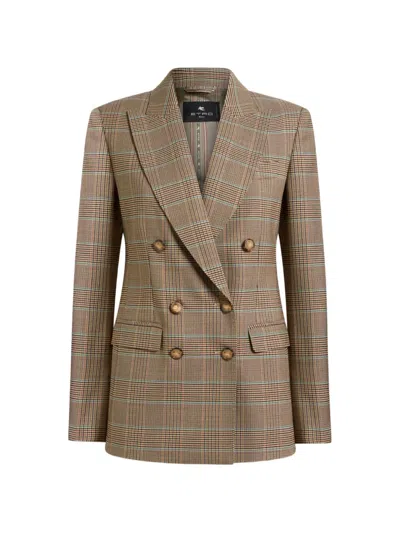 Etro Double-breasted Stretch-wool Jacket With Prince Of Wales Motif In Brown