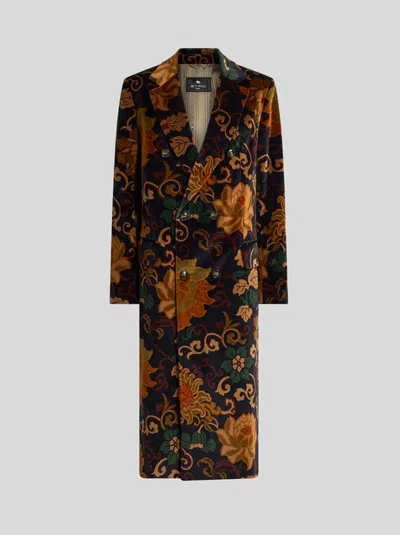 Etro , Double-breasted Velvet Coat With Placed Floral Print, Woman, Multicolour, Size 40