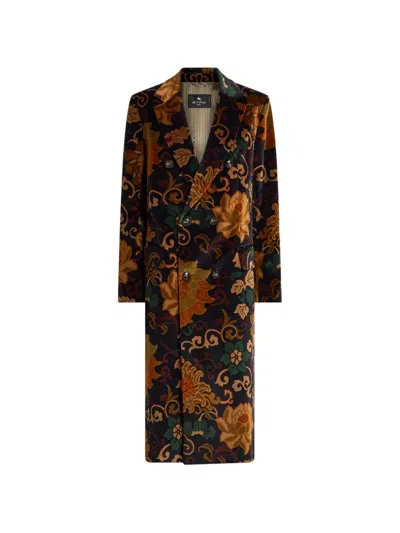 Etro Double-breasted Velvet Coat With Placed Floral-print In Multi