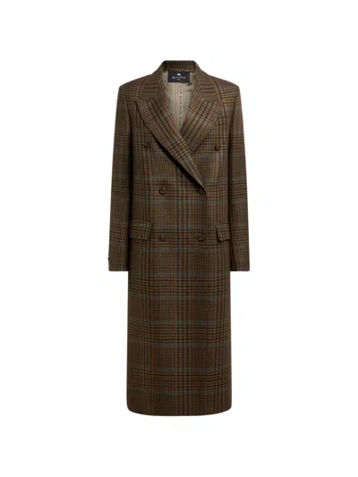 Etro Double-breasted Wool Coat With Prince Of Wales Motif In Brown