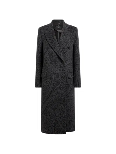 Etro Double-breasted Wool Jacquard Coat With Paisley Motif In Gray