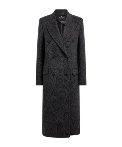 Etro Double-breasted Wool Jacquard Coat With Paisley Motif In Black
