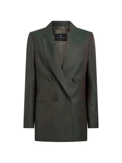Etro Double-breasted Wool Jacquard Jacket With Paisley Motif In Green