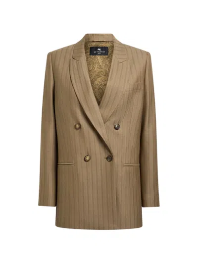 Etro Double-breasted Wool Jacquard Jacket With Striped Pattern In Brown