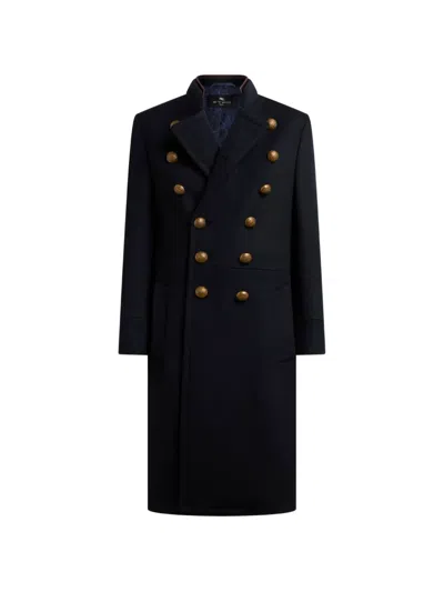Etro Double-breasted Wool-blend Cloth Coat In Blue