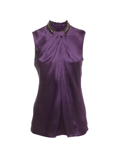 Pre-owned Etro Draped Beaded-neck Blouse In Purple