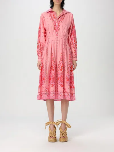 Etro Floral-patterned Stretch Cotton Midi Dress With V-neck In Pink