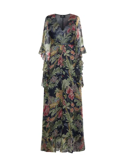 Etro Navy Blue Printed Silk Maxi Dress In Stampa F.do Blu