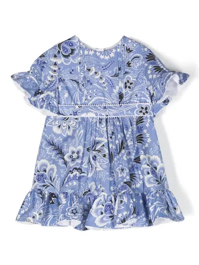 Etro Elegant Sky Blue Dress For Baby Girl With Paisley Pattern