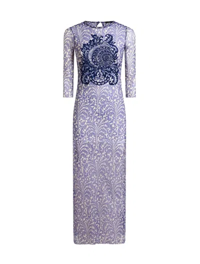 Etro , Tulle Dress With Shell Print, Woman, Electric Blue, Size 48 In Stampa F.do Blu