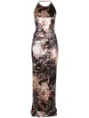 Etro Floral Crushed Velvet Backless Gown In Gray F.do Print
