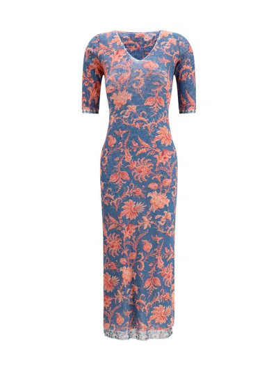 Etro Women Stretch Tulle Midi Dress With Floral Motif In Multi