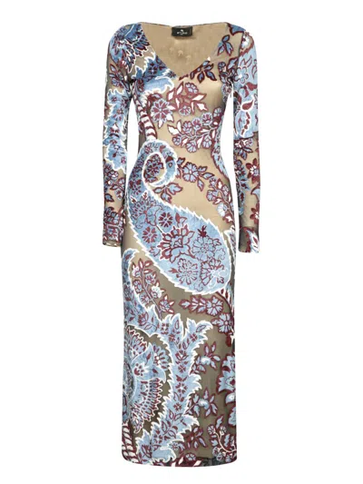 Etro Devore Velvet Midi Dress In Var. Multicolor F.do Azzurro