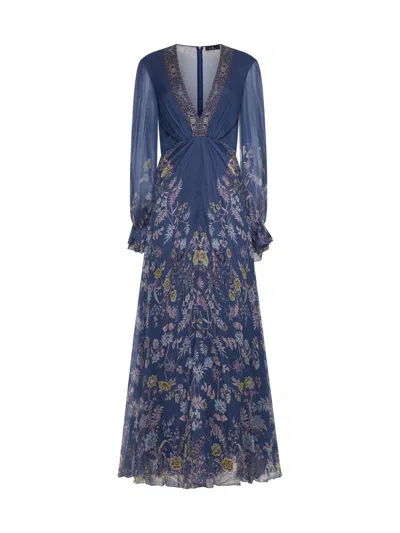 Etro Gathered Silk Tunic Maxi Dress In Blue,multicolor