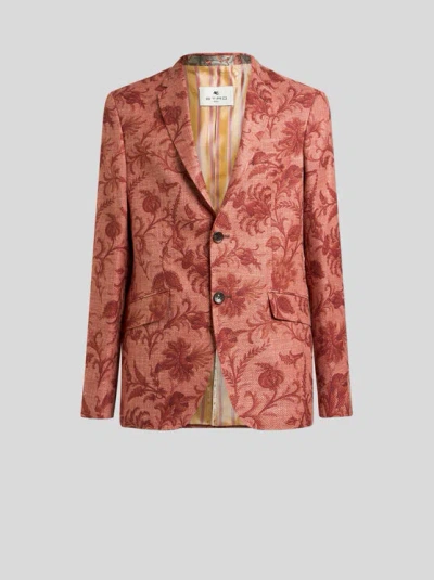 ETRO , SINGLE-BREASTED WOOL-BLEND JACKET WITH FLORAL MOTIF, MAN, ORANGE, SIZE 54