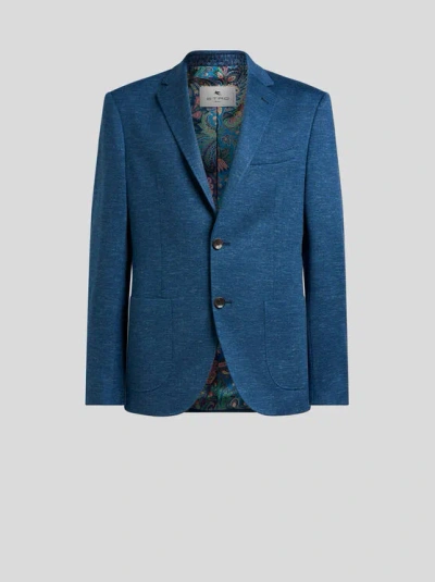 Etro , Einreihige Jacke Aus Jersey Aus Einer Jaspé-wollmischung, Herren, Blau, Grösse 56 In Animal Print