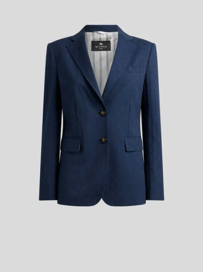 Etro , Einreihige Jacquard-jacke Aus Elastischer Baumwolle Mit Mikro-paisley, Damen, Blau, Grösse 50 In Blue