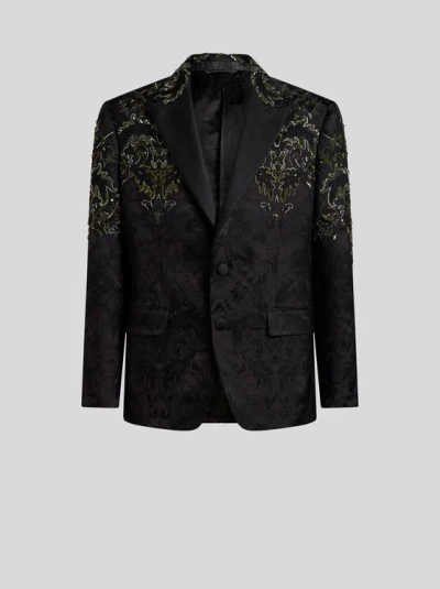 ETRO , SINGLE-BREASTED BLAZER WITH FLORAL EMBROIDERY, MAN, BLACK, SIZE 52