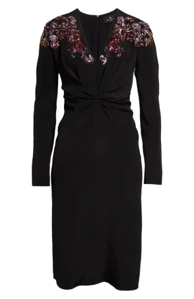Etro Embellished Long Sleeve Silk Crepon Midi Dress In Black